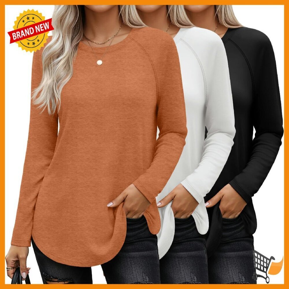 3 Pack Long Sleeve Tunic Tops Raglan Sleeve Loose Fit Side Split Hem